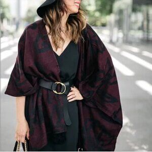 Cleobella Fringe Trim Burgundy Floral Poncho Wrap Cardigan O/S